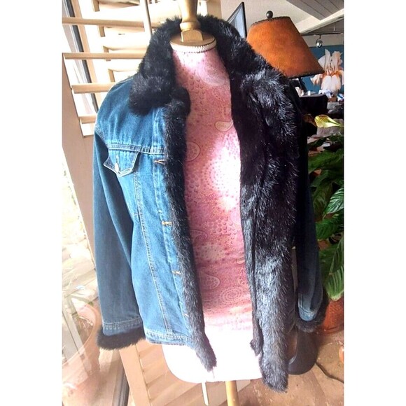 Dennis Basso Denim Jacket With Black Faux Fur Removable Vest Lining Blue Size M - Picture 2 of 8